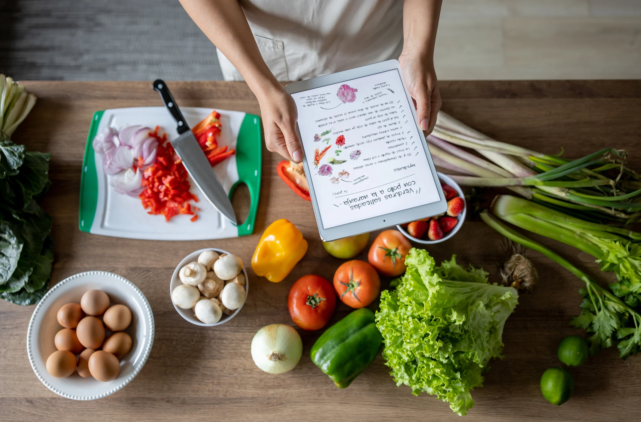 Recipe reading amid fresh produce