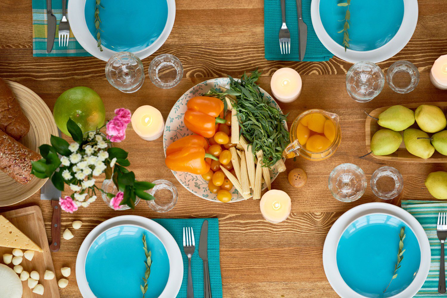 Table setting with fruits and vegetables