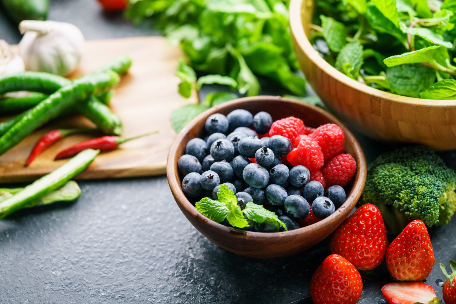 Bowl of blueberries and raspberries
