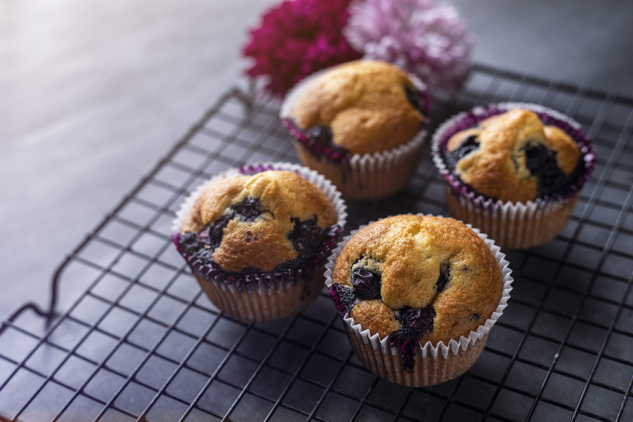 Freshly baked blueberry muffins cooling on a wire rack.